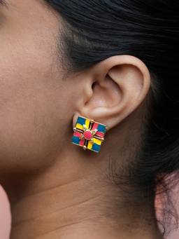 BeAbhika - Handcrafted Colour-Block Square Studs with Leaf Motif Centre