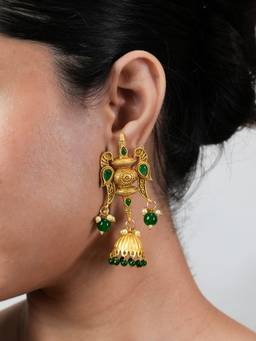 BeAbhika - Handcrafted Green Bead Jhumka Earrings with Carved Top and Fish Motifs
