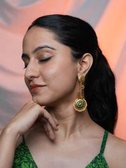 BeAbhika - Traditional Gold and Green Enamel Round Dangler Earrings
