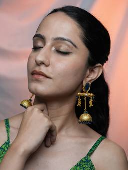 BeAbhika - Gold-Toned Blue Stone Jhumka Earrings with Fish Charms