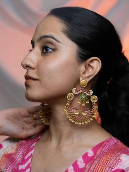 BeAbhika - Gold-Toned Peacock Chandbali Earrings with Pink Stones and Pearl Drops