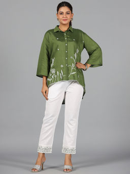 Juniper - Olive Chanderi Embroidered Shirt & Pant (Set of 2)