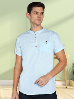 KUONS AVENUE - Blue Men Linen Cotton Half Sleeve Short Kurta