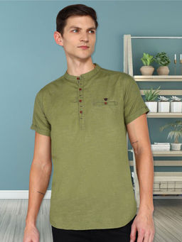 KUONS AVENUE - Olive Men Linen Cotton Half Sleeve Short Kurta
