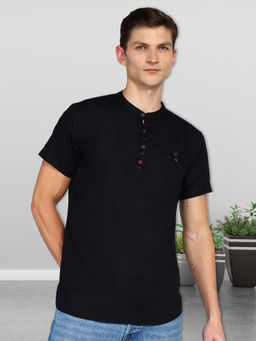 KUONS AVENUE - Black Men Linen Cotton Half Sleeve Short Kurta