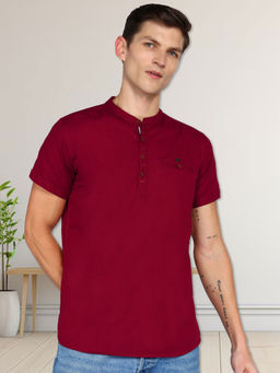 KUONS AVENUE - Maroon Men Linen Cotton Half Sleeve Short Kurta