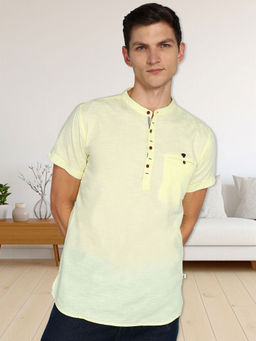 KUONS AVENUE - Yellow Men Linen Cotton Half Sleeve Short Kurta