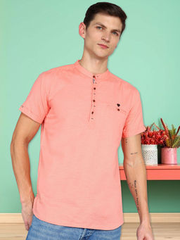 KUONS AVENUE - Peach Men Linen Cotton Half Sleeve Short Kurta
