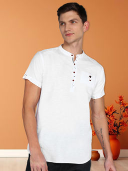 KUONS AVENUE - White Men Linen Cotton Half Sleeve Short Kurta