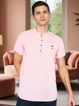 KUONS AVENUE - Pink Men Linen Cotton Half Sleeve Short Kurta