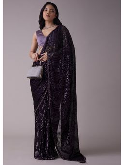 KALKI FASHION - Italian Plum Purple Sequins Saree with An Embellished Border with Unstitched Blouse