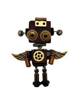 The Tie Hub - Brown & Gold Wooden & Brass Winged Robot Unique Steampunk-Inspired Brooch