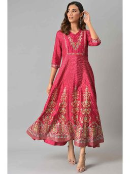 W - Pink Floral Printed & Embroidered Dress
