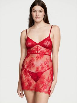Victoria's Secret - Red Fishnet Floral Mesh Lace Slip Dress with Panty (Set of 2)