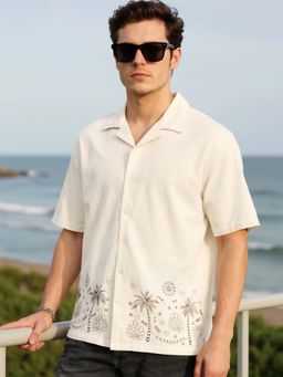 Bewakoof - Men's Beige Embroidered Oversized Shirt
