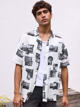 Bewakoof - Men's White and Black All Over Printed Oversized Shirt