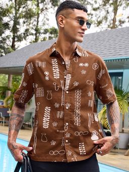 Bewakoof - Men's Rust Red All Over Printed Oversized Shirt