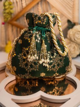 NR by Nidhi Rathi - Green & Gold-Toned Embroidered Potli Clutch