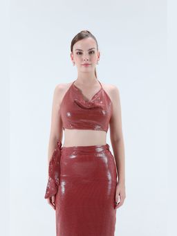 XAYA - Coco Brown Sequins Cowl Neck Crop Top