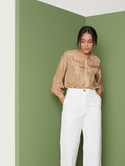 Perona - Solid Satin Relaxed Fit Women Beige Shirt