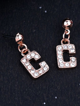 Estele - Rose Gold Plated Magnificent Medium C Letter Earrings with Crystals for Women
