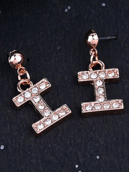 Estele - Rose Gold Plated Magnificent Medium I Letter Earrings with Crystals for Women
