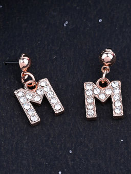 Estele - Rose Gold Plated Magnificent Medium M Letter Earrings with Crystals for Women