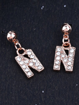 Estele - Rose Gold Plated Magnificent Medium N Letter Earrings with Crystals for Women