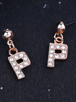 Estele - Rose Gold Plated Magnificent Medium P Letter Earrings with Crystals for Women
