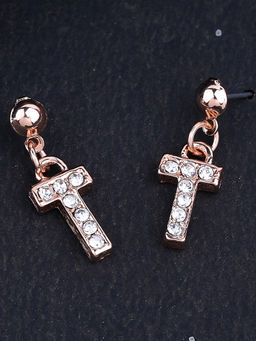 Estele - Rose Gold Plated Magnificent Medium T Letter Earrings with Crystals for Women