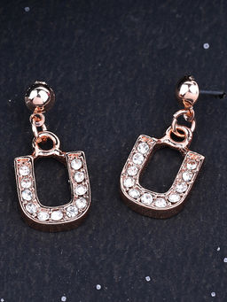 Estele - Rose Gold Plated Magnificent Medium U Letter Earrings with Crystals for Women