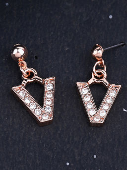Estele - Rose Gold Plated Magnificent Medium V Letter Earrings with Crystals for Women