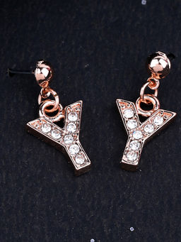 Estele - Rose Gold Plated Magnificent Medium Y Letter Earrings with Crystals for Women