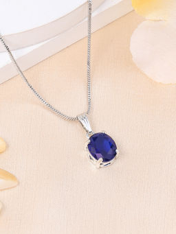 Estele - Rhodium Plated Oval Design Cz Blue Solitaire Gehenna Necklace