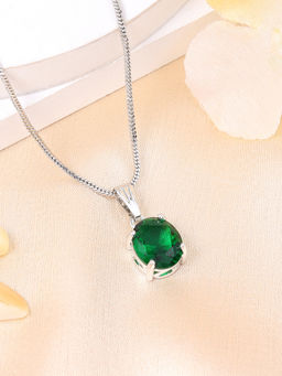 Estele - Rhodium Plated Oval Design Cz Green Solitaire Gehenna Necklace