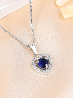 Estele - Rhodium Plated Heart Design Blue Crystal Studded Gehenna Necklace