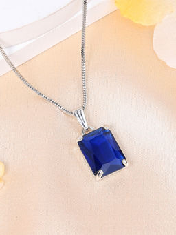Estele - Rhodium Plated Cz Blue Solitaire Square Cut Gehenna Necklace