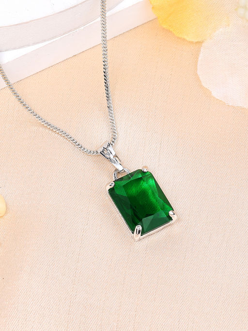 Estele Rhodium Plated Cz Green Solitaire Square Cut Gehenna Necklace