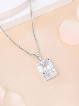 Estele - Rhodium Plated Cz White Solitaire Square Cut Gehenna Necklace