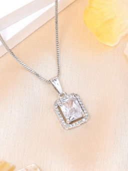 Estele - Rhodium Plated Halo Square Design Cz White Gehenna Necklace
