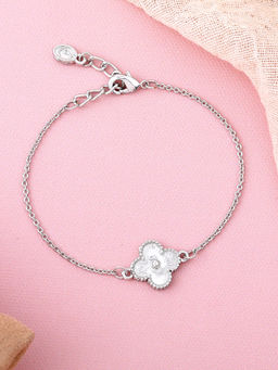 Estele - Rhodium Plated Trendy Single Clover Leafy Style Adjustable Charm Bracelet