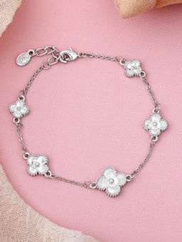 Estele - Rhodium Plated Stylish Clover Leafy Style Adjustable Charm Bracelet