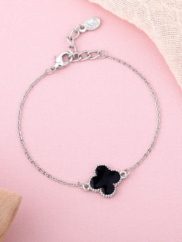 Estele - Rhodium Plated Trendy Single Black Clover Leafy Style Adjustable Bracelet