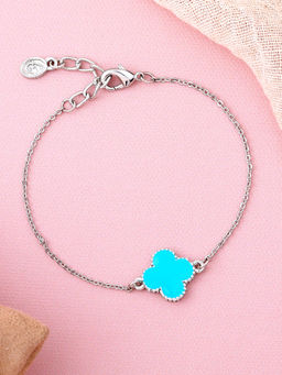 Estele - Rhodium Plated Stylish Single Blue Clover Leafy Style Adjustable Bracelet
