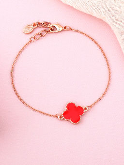 Estele - Rose Gold Plated Trendy Red Clover Leafy Style Adjustable Charm Bracelet