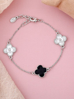 Estele - Rhodium Plated Trendy Black Clover Leafy Style Adjustable Charm Bracelet