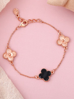 Estele - Rose Gold Plated Trendy Black Clover Leafy Style Adjustable Charm Bracelet
