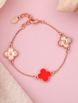 Estele - Rose Gold Plated Trendy Red Clover Leafy Style Adjustable Charm Bracelet