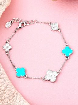 Estele - Rhodium Plated Trendy Blue Clover Leafy Style Adjustable Charm Bracelet