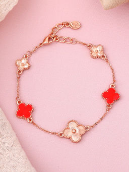 Estele - Rose Gold Plated Trendy Red Clover Leafy Style Adjustable Charm Bracelet